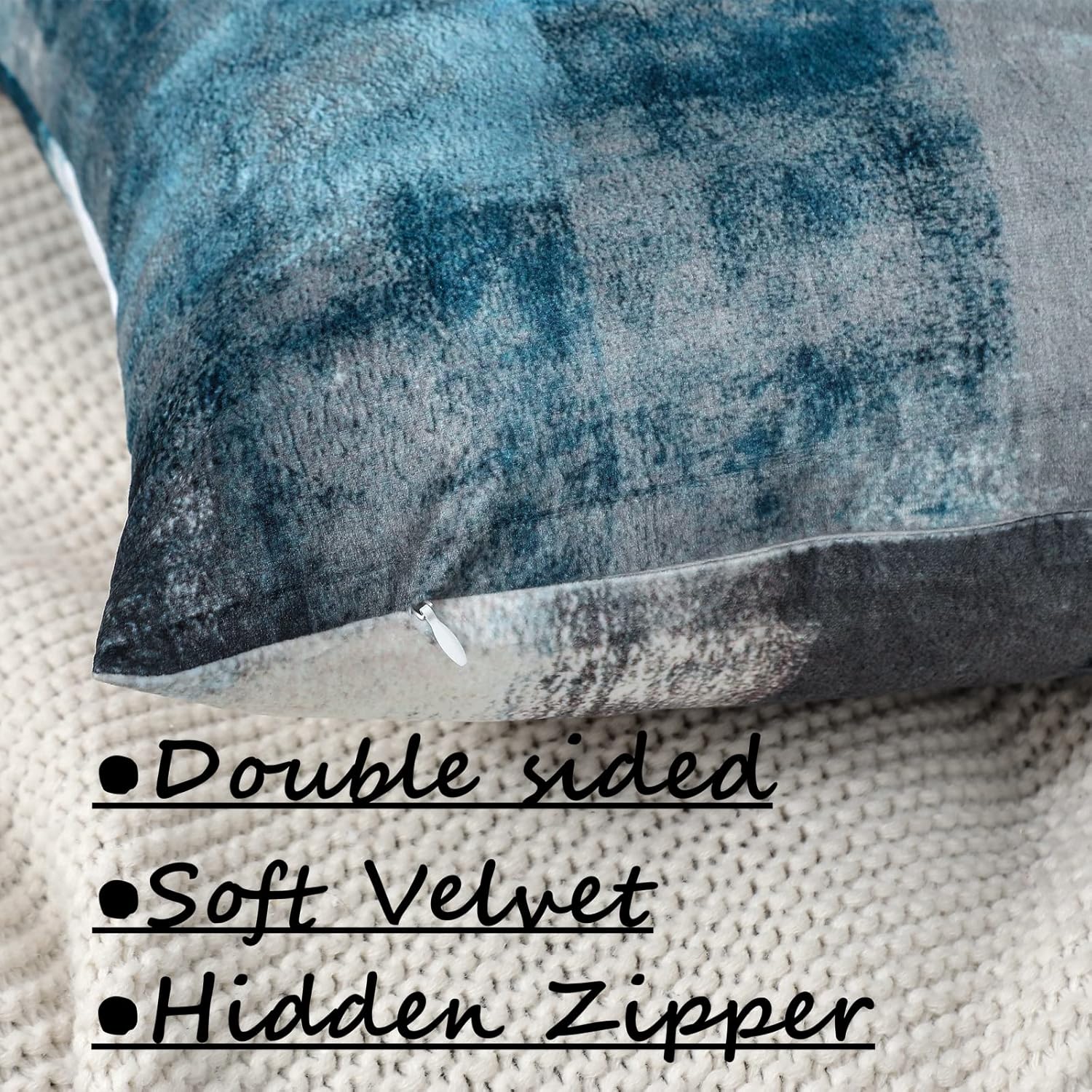 Set of 2 Decorative Velvet Cushion Covers 40 x 40 cm Abstract Art Decor Pillow Case Blue Grey Cushion Cover 16x16 inches for Outdoor Patio Garden Blench Living Room Sofa Farmhouse Decor Secondary image