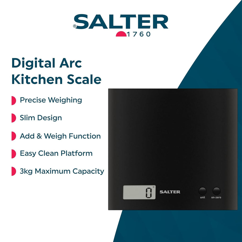 Arc Kitchen Scale – Digital Food Weighing Scales For Precise Cooking/Baking, Slim Platform for Compact Storage, Add & Weigh/Tare Function, 3kg Capacity, Battery Included, Black
