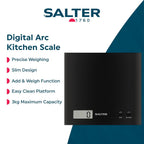 Arc Kitchen Scale – Digital Food Weighing Scales For Precise Cooking/Baking, Slim Platform for Compact Storage, Add & Weigh/Tare Function, 3kg Capacity, Battery Included, Black