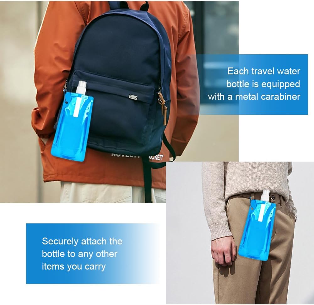 Foldable Sports Bottle, 6pcs Foldable Water Bottle 500mL, Reusable BPA Free Collapsible Water Bottle, Flexible Drink Pouches Bags with Clip for Outdoor Sports, Travel, Biking, Hiking