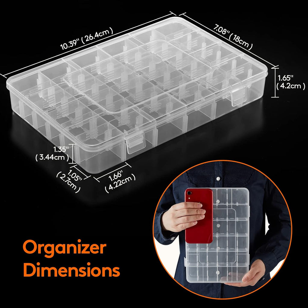 2 Pack 36 Grids Organiser Storage Box, Fishing Tackle Box, Clear Stackable Plastic Container with Adjustable Dividers for Beads, Art DIY, Crafts, Jewelry, with 5 Sheet Label Stickers