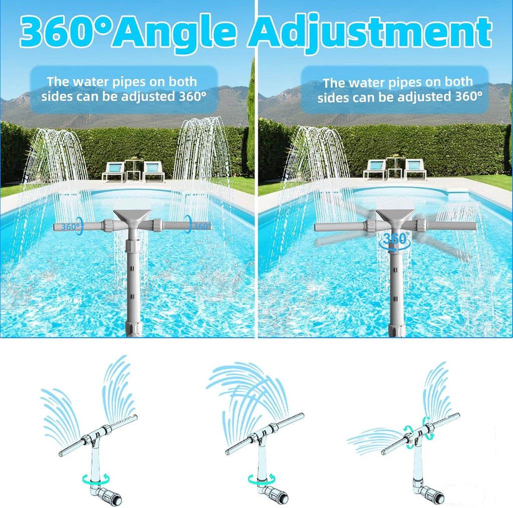 Pool Fountain for Above and In-Ground Pools, XJUGEZ 360° adjustable Dual Mode Waterfall pool sprinkler fountain, pressure and height adjustable pool accessories for ground pools, multi-size interfaces