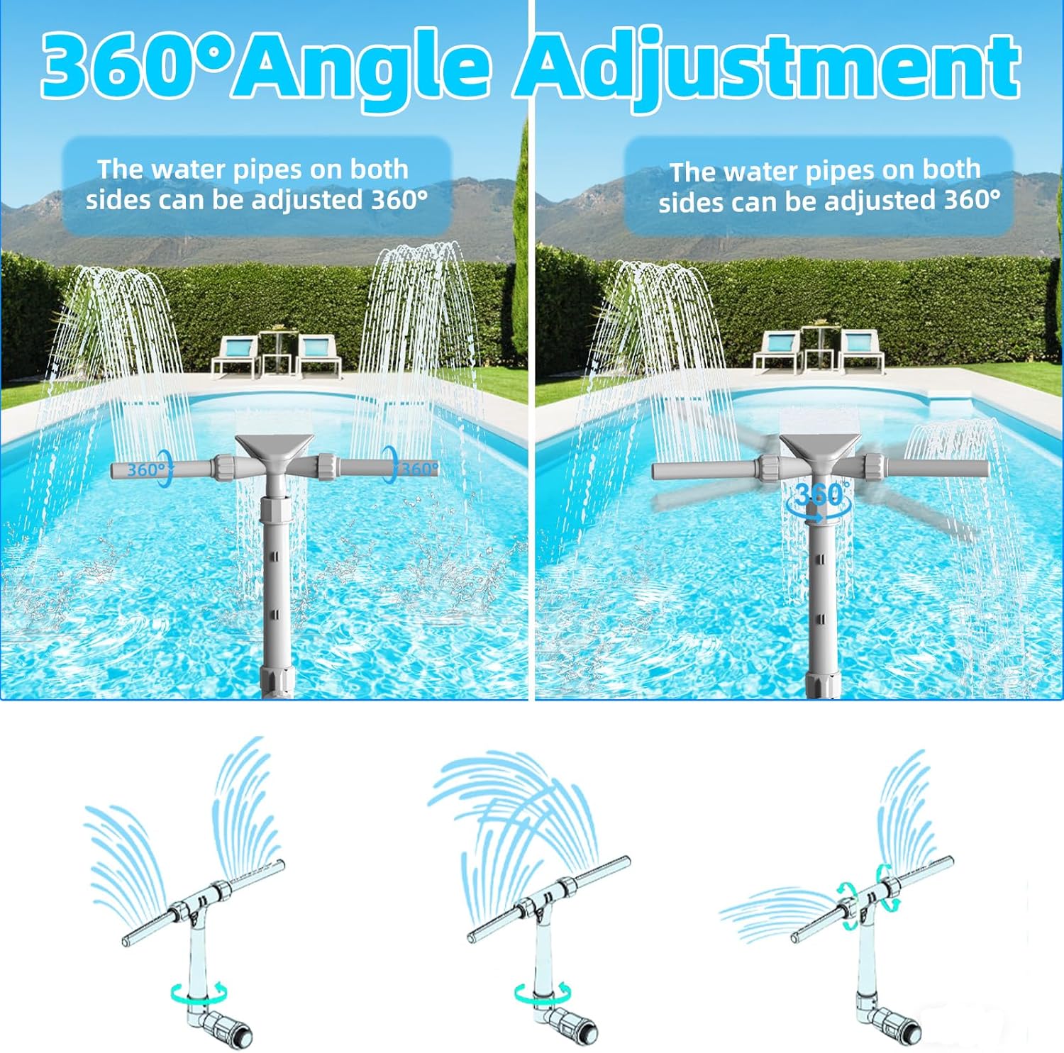 Pool Fountain for Above and In-Ground Pools, XJUGEZ 360° adjustable Dual Mode Waterfall pool sprinkler fountain, pressure and height adjustable pool accessories for ground pools, multi-size interfaces