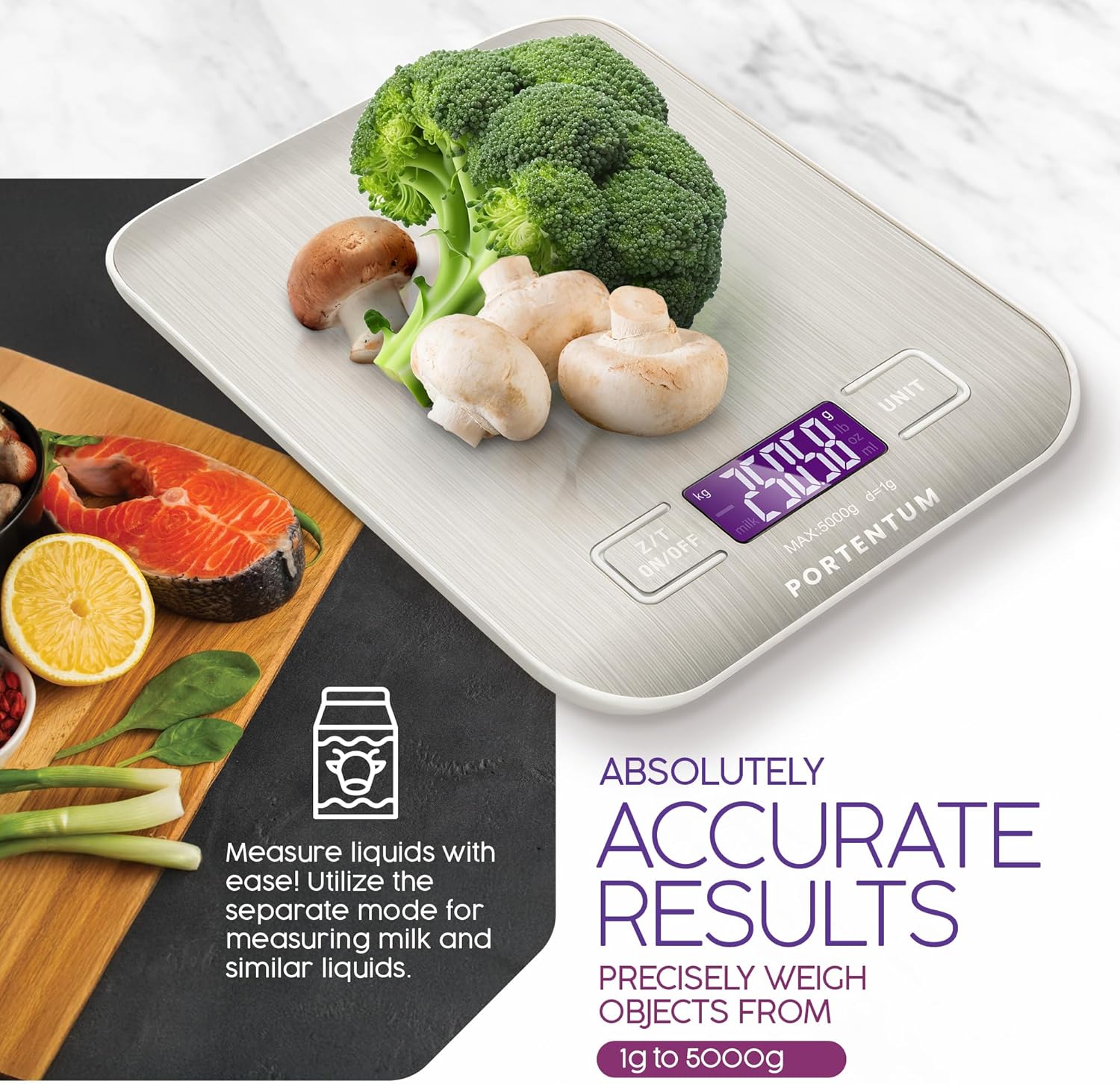 Digital Kitchen Scales 5kg/11lb with Large LCD Display, Food Scales with Large Stainless Steel Weighing Surface, Liquid Measurement, High Precision up to 1 g, Tare Function, Silver