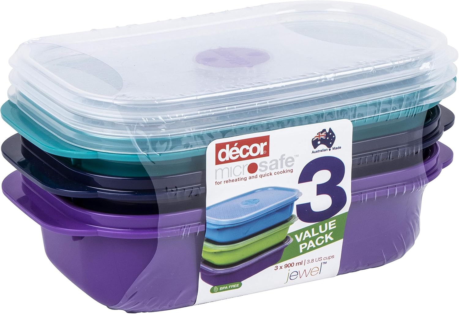 Microsafe Jewel Food Containers Set | 3 Pack - 3 x 900ml | Meal Prep | Steam Release Vent | Microwave, Dishwasher & Freezer Safe | Assorted Colours Main image