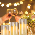 Rechargeable Flameless Candle, Set of 3 Flickering Glass LED Candles with Charging Base and Remote Control, Tea Lights with Timer Function for Festival Wedding Party Decoration