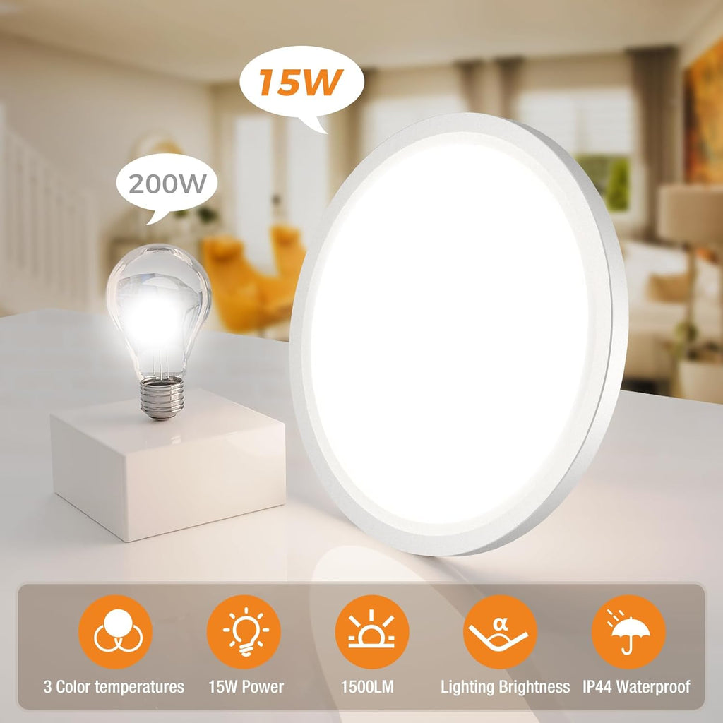 4Pack Bathroom Light, 3000K/4000K/6500K 3 Color Temperature, Waterproof IP44, Small, Round, Modern, 15W 1500LM Flush Ceiling Light for Bathroom, Kitchen, Bedroom, Hallway and More,Ø18CM