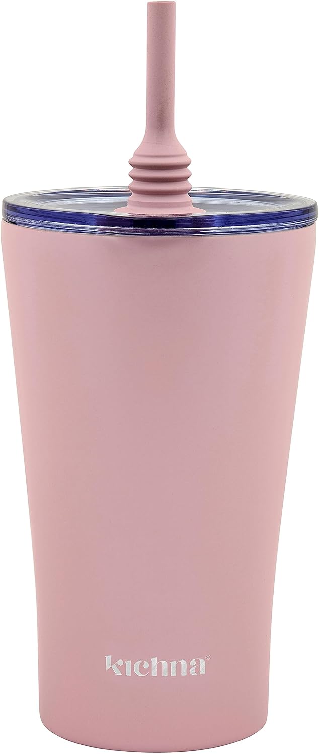 The Sipper Double Walled Stainless Steel Coffee, Water Tumbler 550ml | Wide Mouth, Flexible & Removable Straw with Splash & Leak Proof with Silicon Lid | Keeps Cold for 14Hrs | Blush Pink