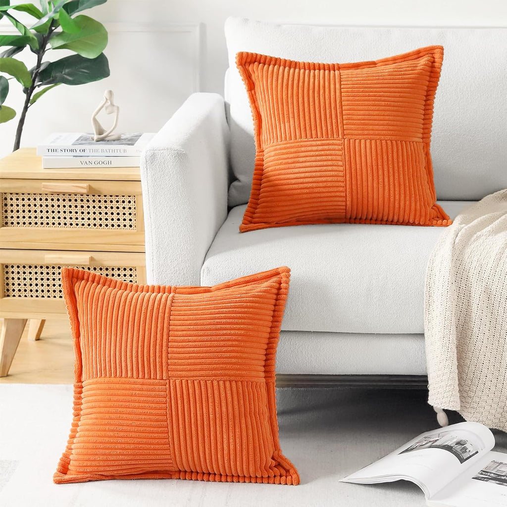 Artscope Corduroy Cushion Covers Pack of 2 Modern Patchwork Throw Pillow Covers Soft Pillowcase Broadside Decorative Textured Cushions for Home decor Sofa Bedroom Couch Orange 40x40cm
