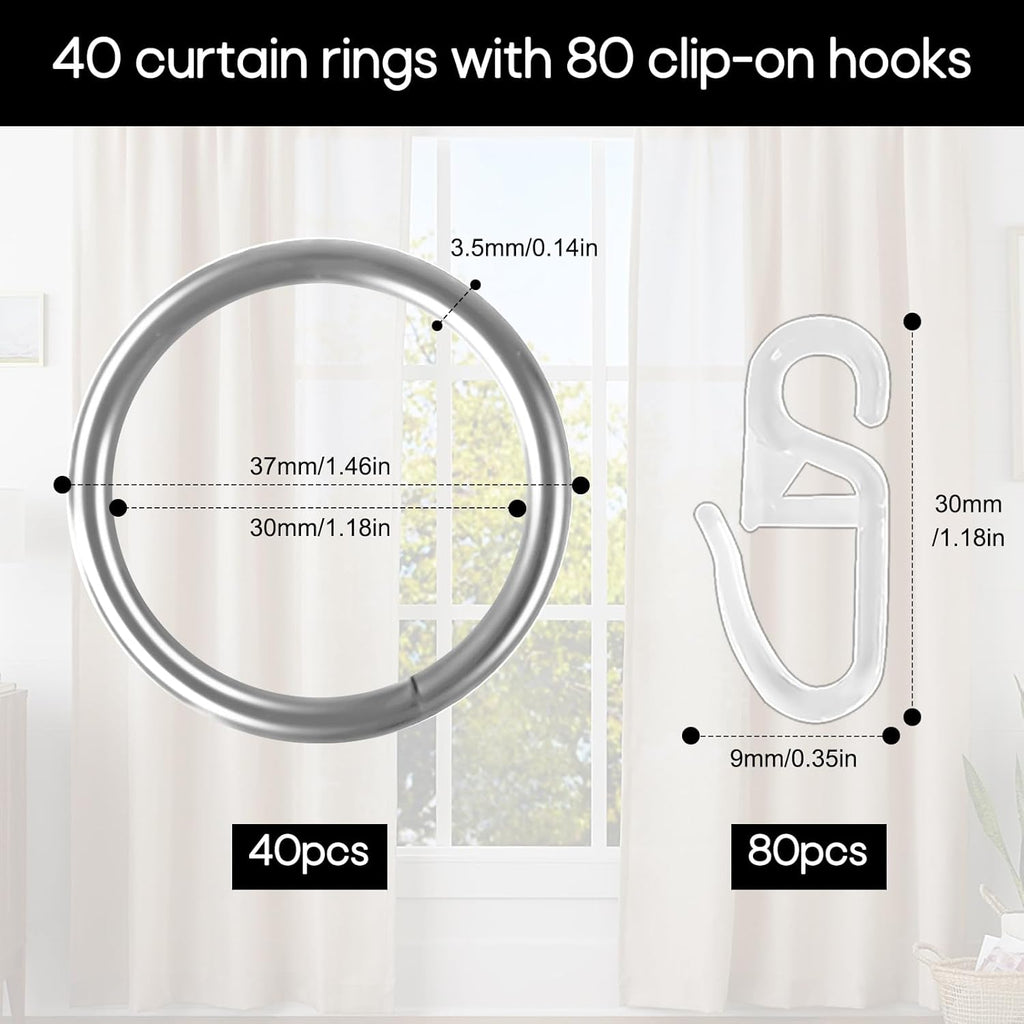40 Pcs Silver Curtain Rings with hooks 30 mm, Curtain Clip Ring, 80 Pcs Silent Curtain Hooks, Metal Curtain Rings Stainless Steel, Curtain Hooks for Home Window Rod Decoration