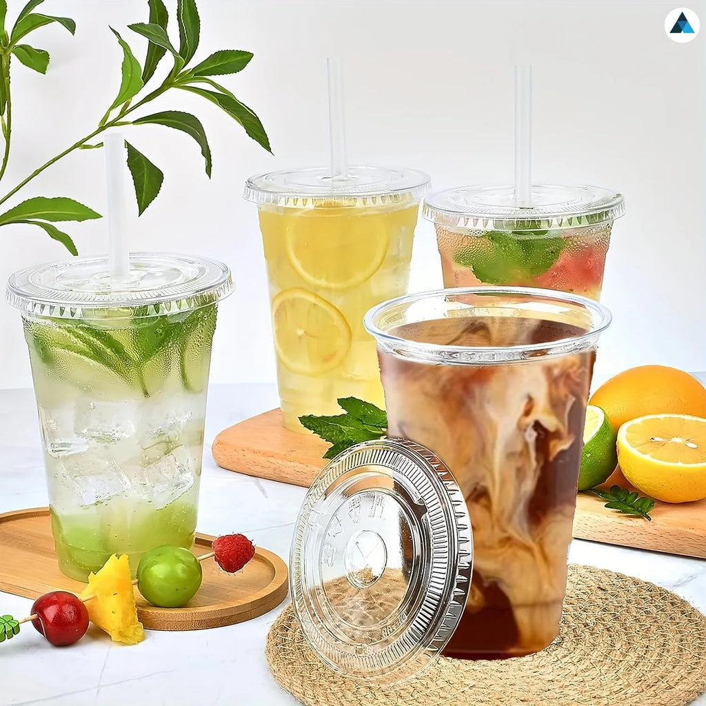12oz Crystal Clear Smoothie Cups with Flat lids, Perfect for Iced Coffee, Milkshake, Slurpee, Ice Cream, Razzle, Slush, Smoothy, Party's Pack of 50
