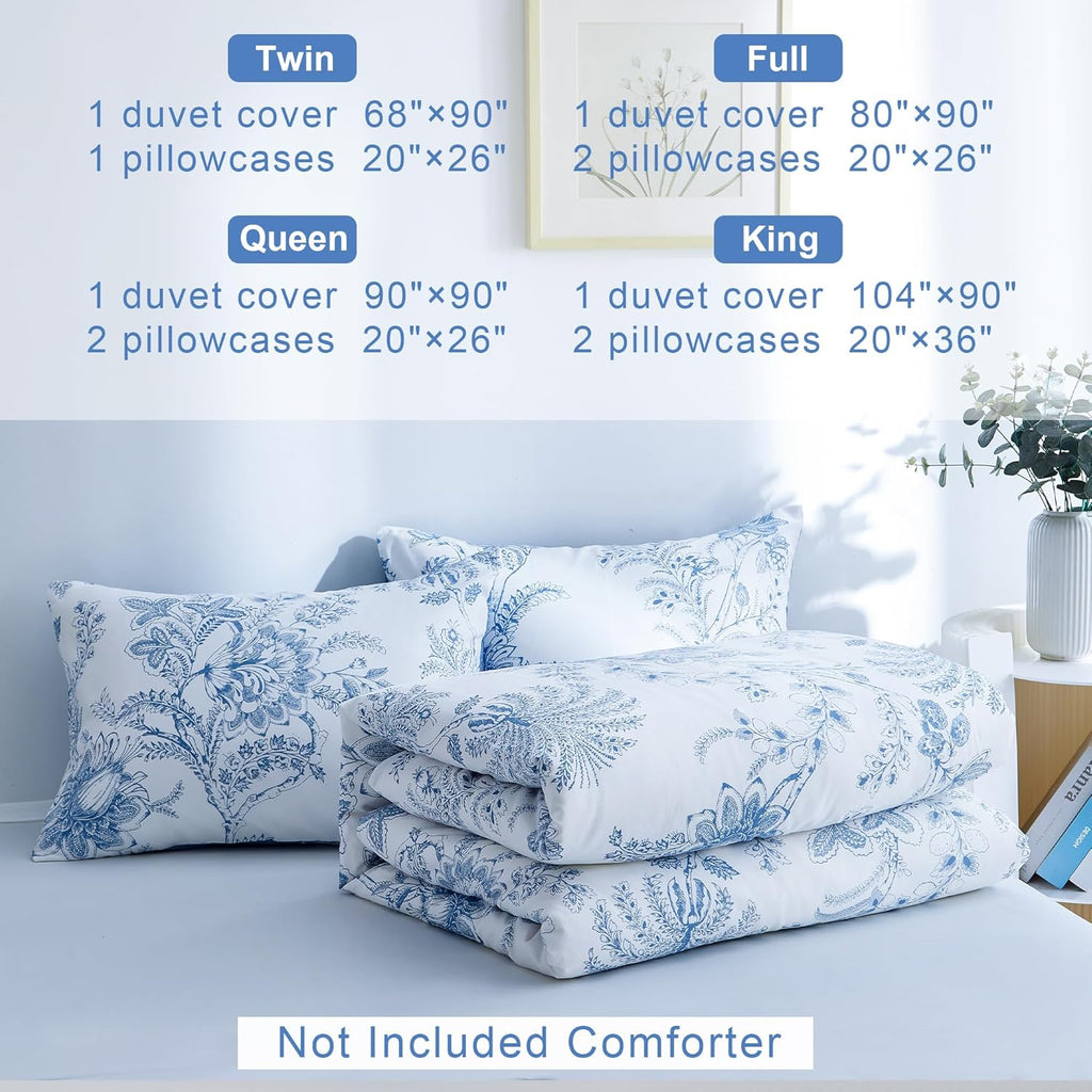 BOLINLIVING Floral Duvet Cover Queen Size 3 Pieces, Flower Duvet Cover with 2 Pillow Shams, Soft Floral Bedding Set White and Blue for All Season, Breathable, Zipper Closure, Queen(90''x90'')