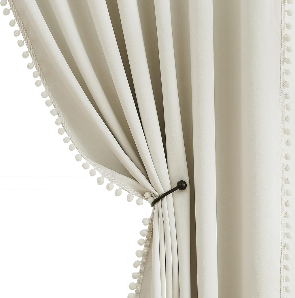 Ivory Blackout Curtains Cute Pom-Pom Trimming Drapes for Girls Kids Room 54 inches Pencil Pleat 100% Blackout Beige Curtains Thermal Insulated Room Darkening Window Treatments for Office, 50" w 2pcs