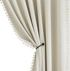 Ivory Blackout Curtains Cute Pom-Pom Trimming Drapes for Girls Kids Room 54 inches Pencil Pleat 100% Blackout Beige Curtains Thermal Insulated Room Darkening Window Treatments for Office, 50" w 2pcs