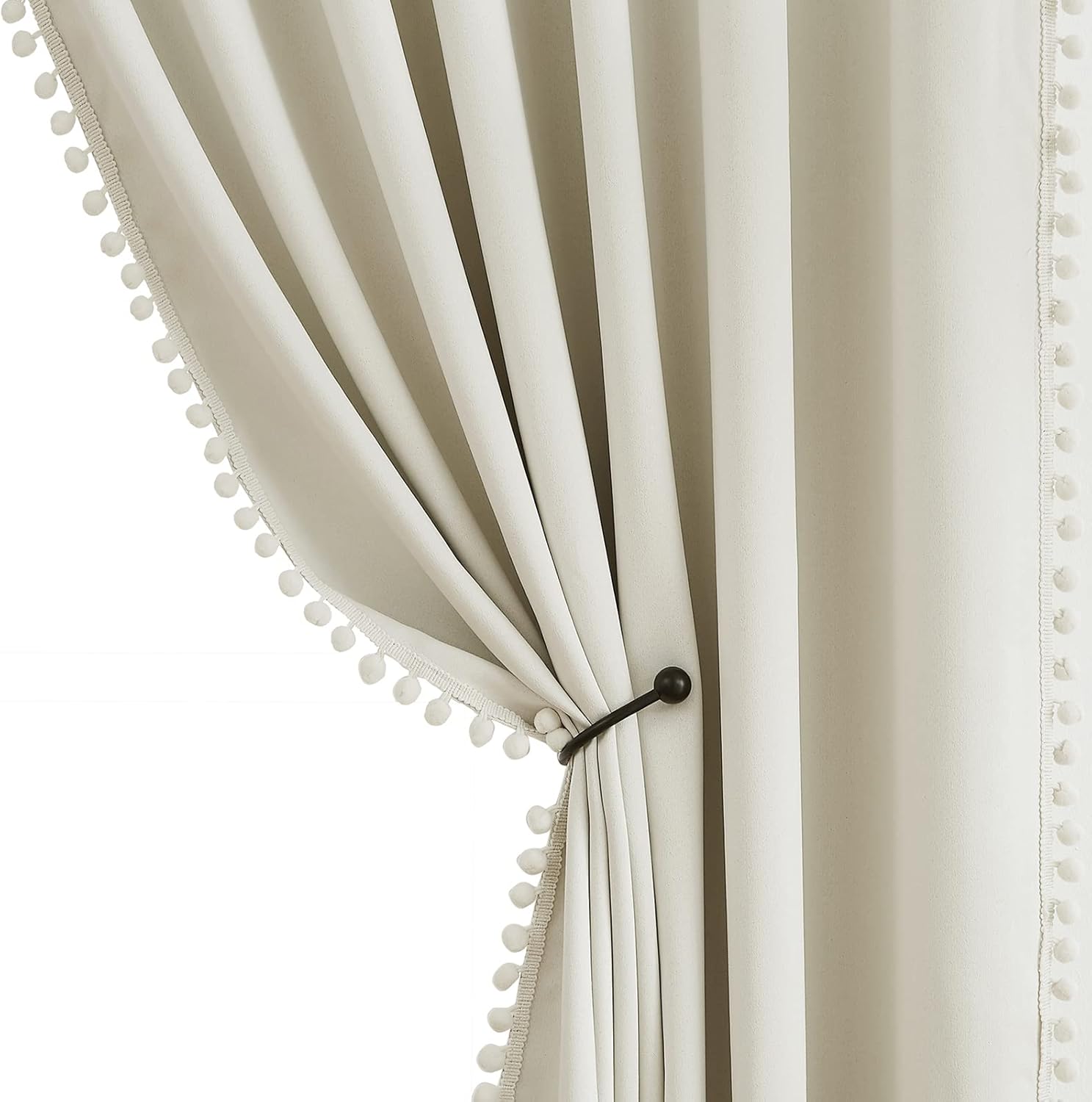 Ivory Blackout Curtains Cute Pom-Pom Trimming Drapes for Girls Kids Room 54 inches Pencil Pleat 100% Blackout Beige Curtains Thermal Insulated Room Darkening Window Treatments for Office, 50" w 2pcs
