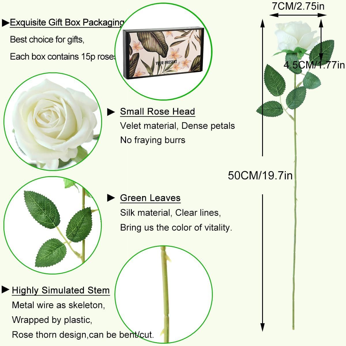 15Pcs Small Fake Roses Velet Roses Long Stem Artificial Flowers Silk Flowers for Home Wedding Decoration (Pearl Roses,White)