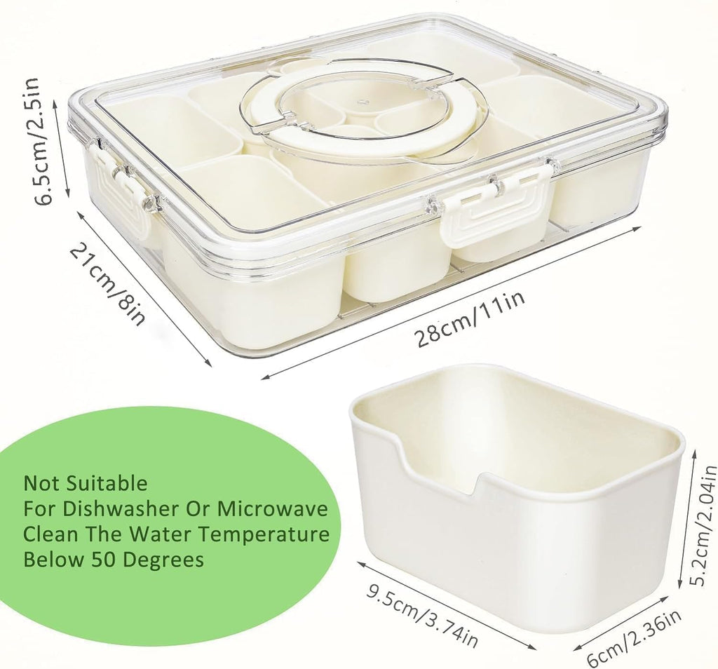 1 Pack Snackle Box, Divided Snack Tray with Lid and Handle, Tray 8 Removable Compartment Box, Reusable Snack Boxes for, Spices, Candy, Fruits, Nuts, Chips and Dip