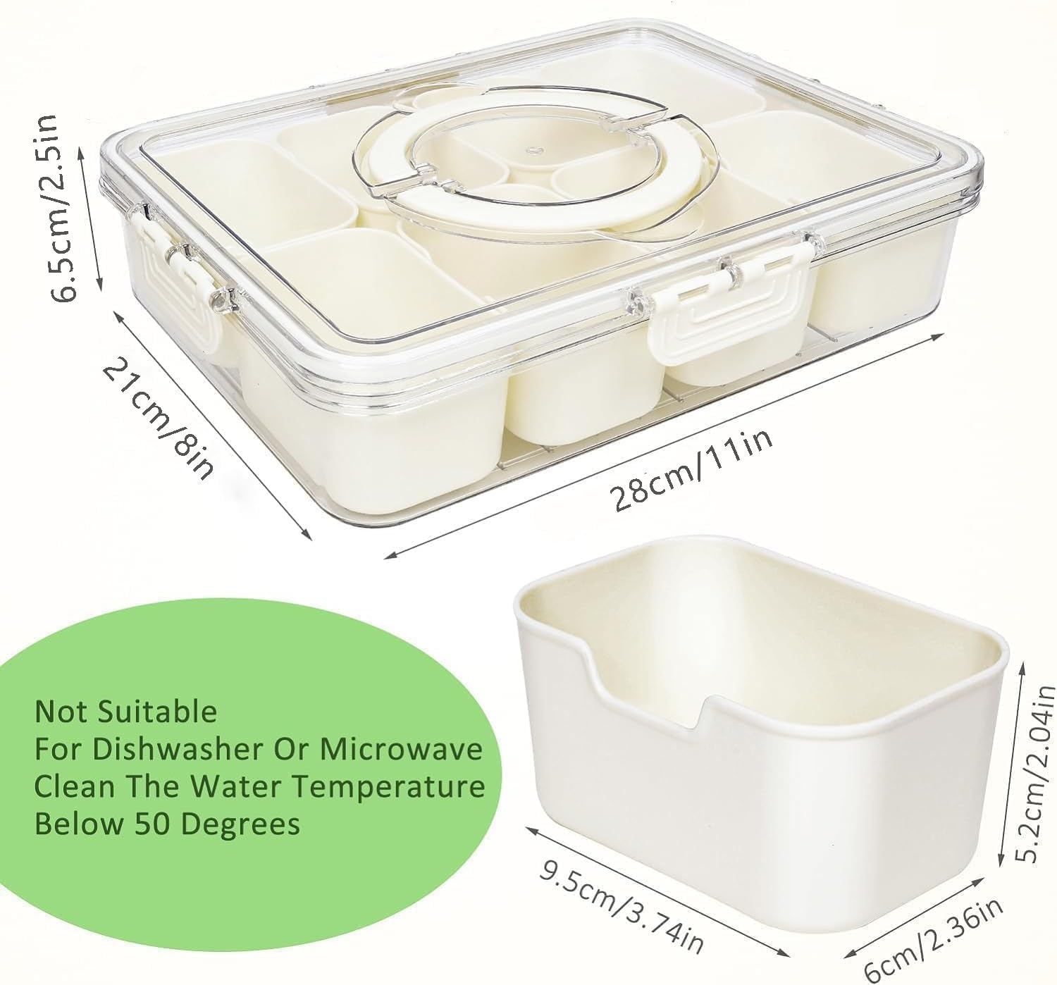 1 Pack Snackle Box, Divided Snack Tray with Lid and Handle, Tray 8 Removable Compartment Box, Reusable Snack Boxes for, Spices, Candy, Fruits, Nuts, Chips and Dip
