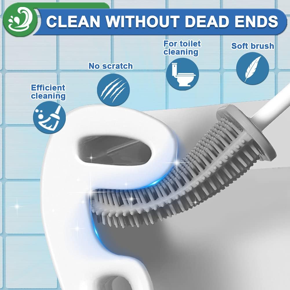 Silicone Toilet Brush with Quick Drying Holder Set -2Pack, Bathroom Toilet Brushes Set with No-Slip Silicone Handle & Anti-drip Base (Flooring/Wall Mounted) -White