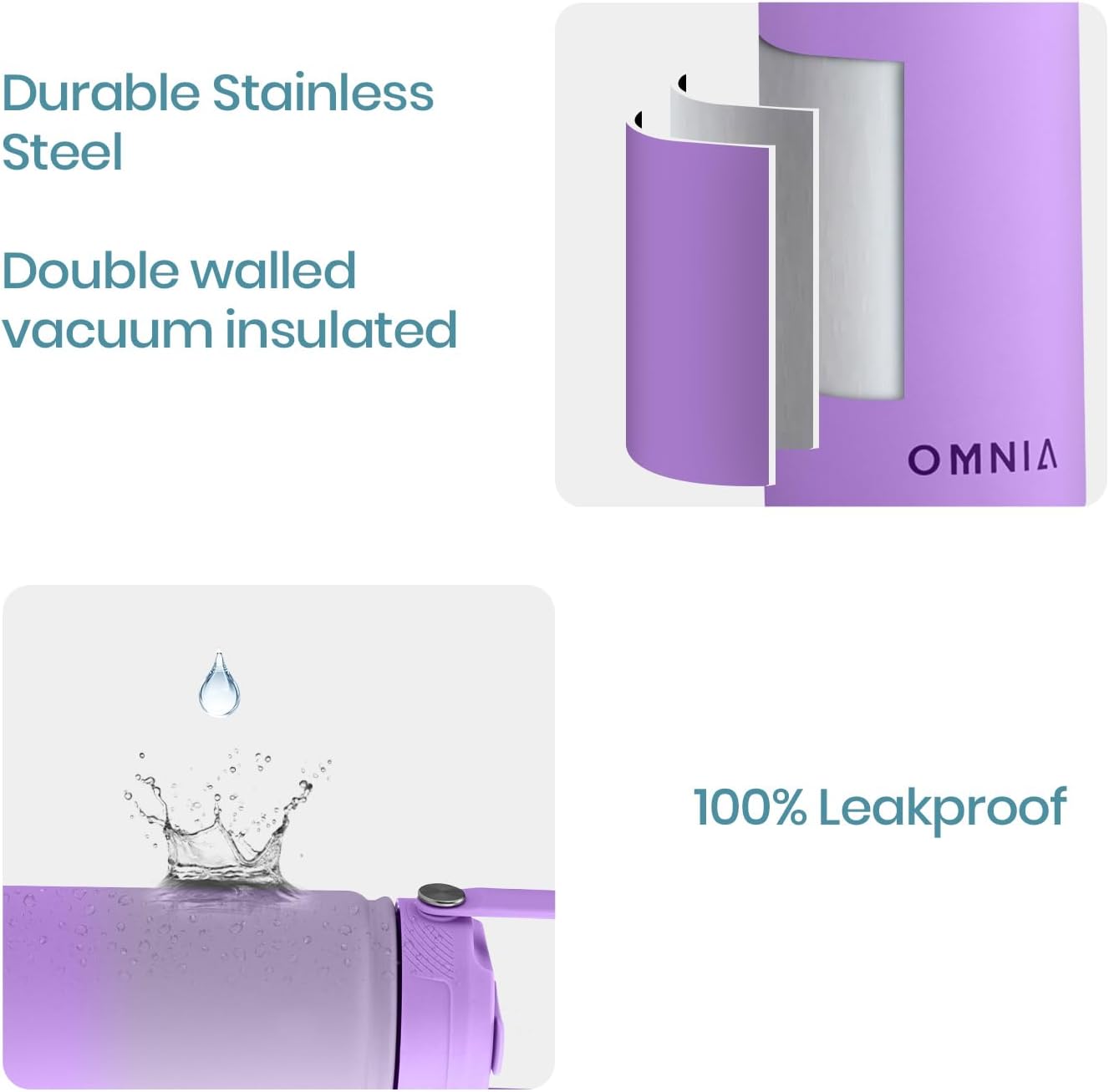 OMNIA Vacuum Insulated Stainless Steel Water Bottle, 2 Lids (Straw & Spout) Leakproof, BPA-Free, Reusable Flask, Hot & Cold Thermos for Sports, Gym, Travel, Outdoors (Gradient Purple, 750ML)