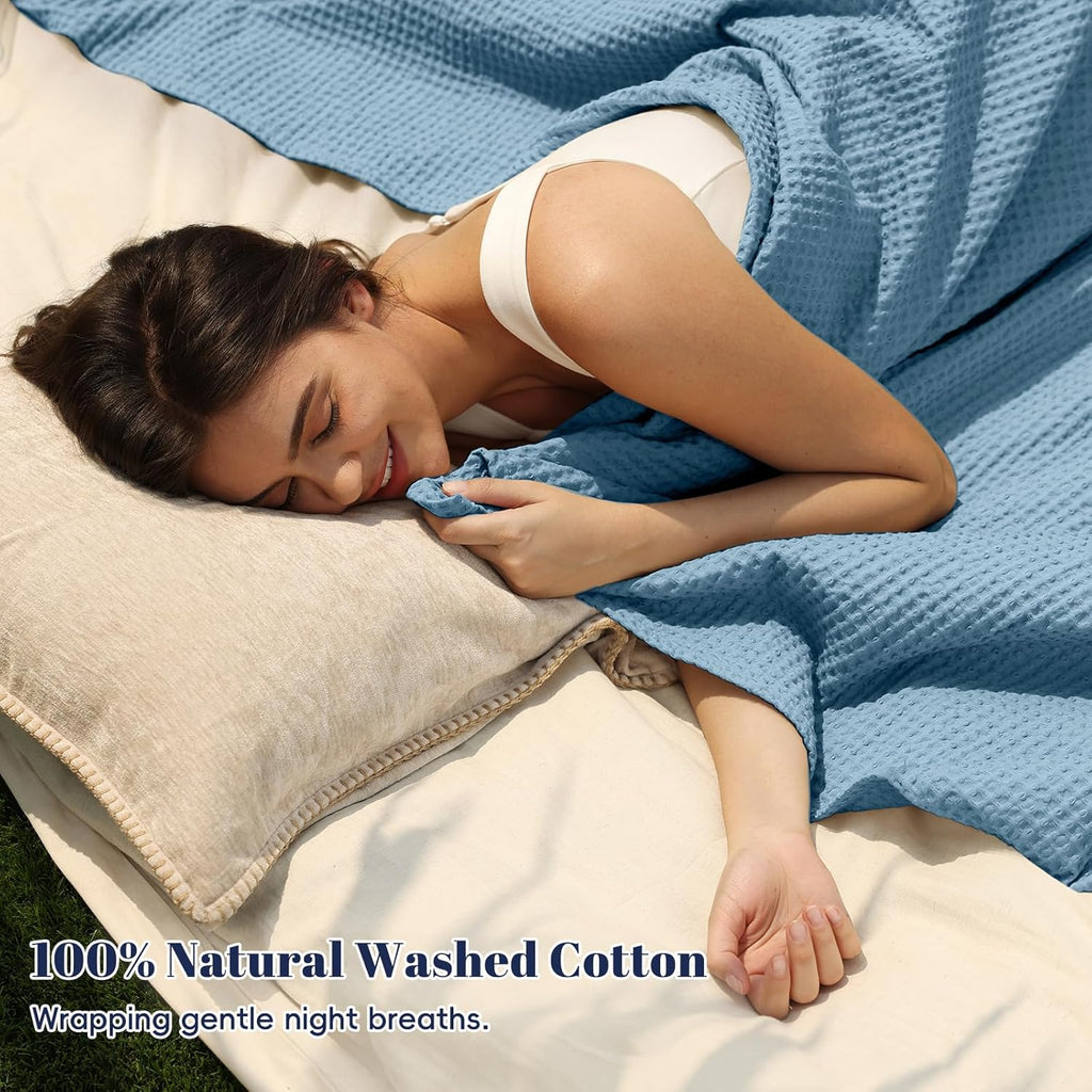 100% Cotton Waffle Weave Blanket SuperKing Size 230 x 270cm, Pre-Washed Lightweight Breathable Throw Blanket, Oeko-TEX Certified for Bed Couch Sofa, Home Decor, Dusty Blue