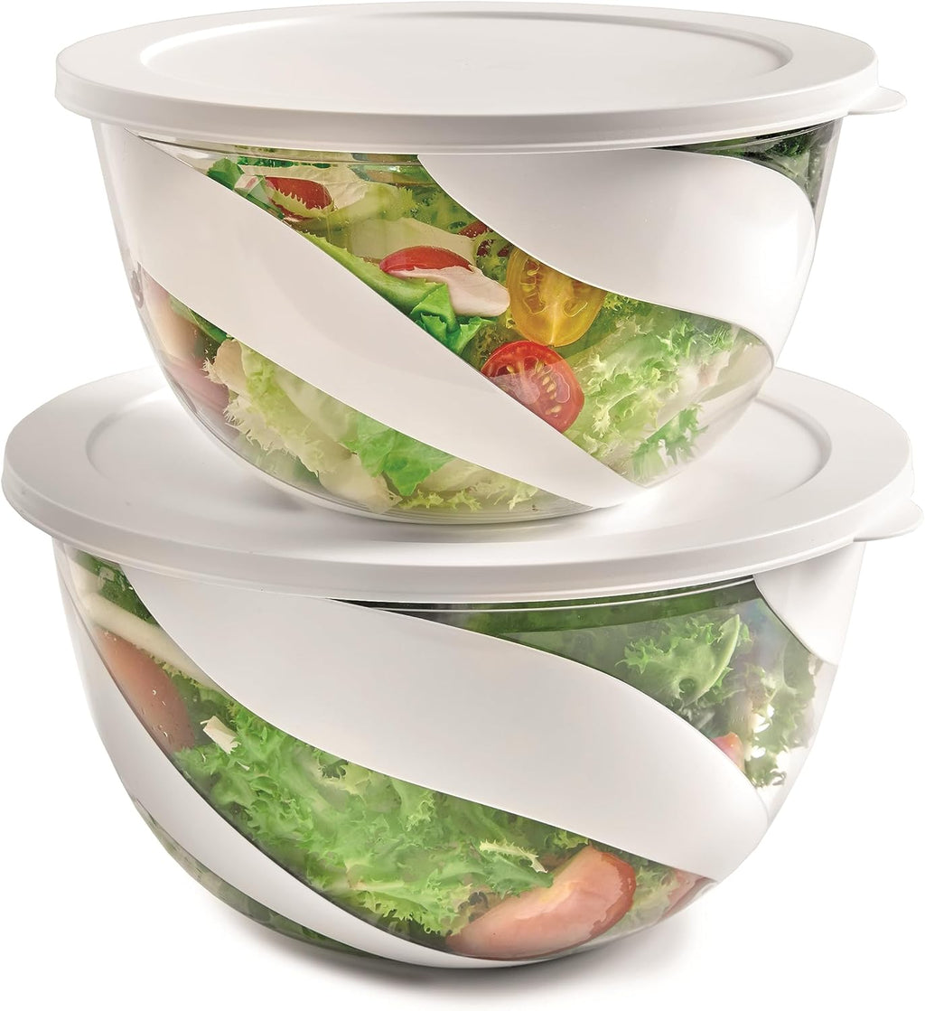 Salad Bowl for Salad and Vegetables, Salad Bowl Set 3 and 5L, Bowl with Lid to Save Freshness Resistant Washable, Stackable Food Containers, Kitchen Bowls White Made in Italy