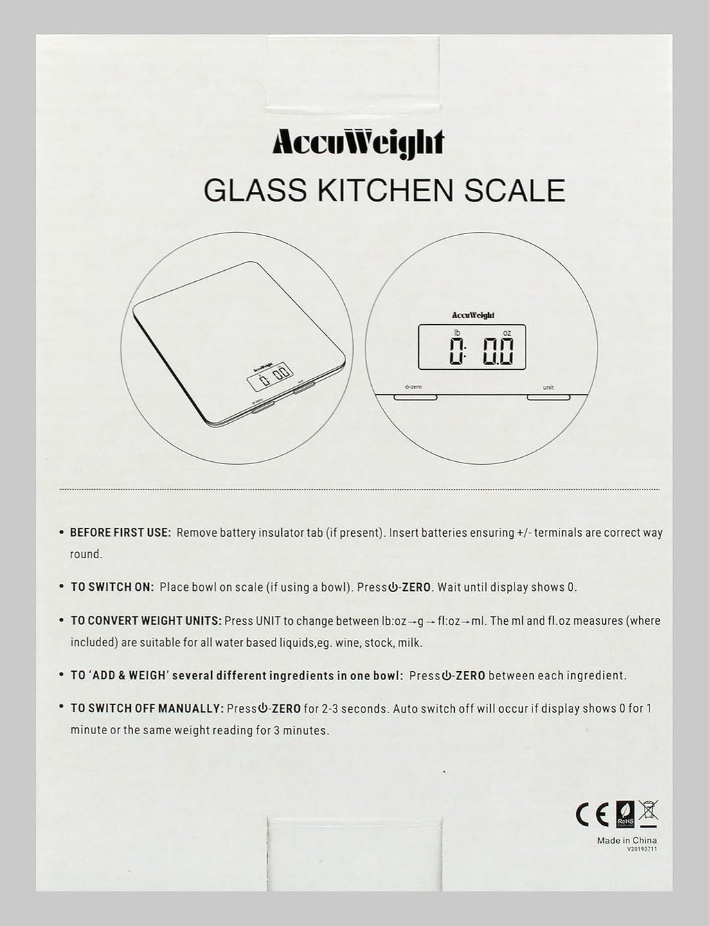 ACCUWEIGHT 201 Digital Kitchen Scales with Tempered Glass Platform (Batteries included), Electronic Weighing Food Scale with Backlit LCD, Multifunction for Office School Home Baking Cooking, 5kg/11lb