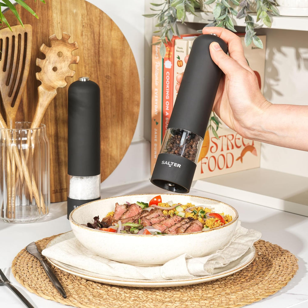 7524 BKXR Electric Salt & Pepper Grinder Set - Matt Black Soft-Touch, Push Button Operation, Battery Powered, Ceramic Mechanism, Adjustable Fine to Coarse Grind, 66g Sea Salt/30g Peppercorns