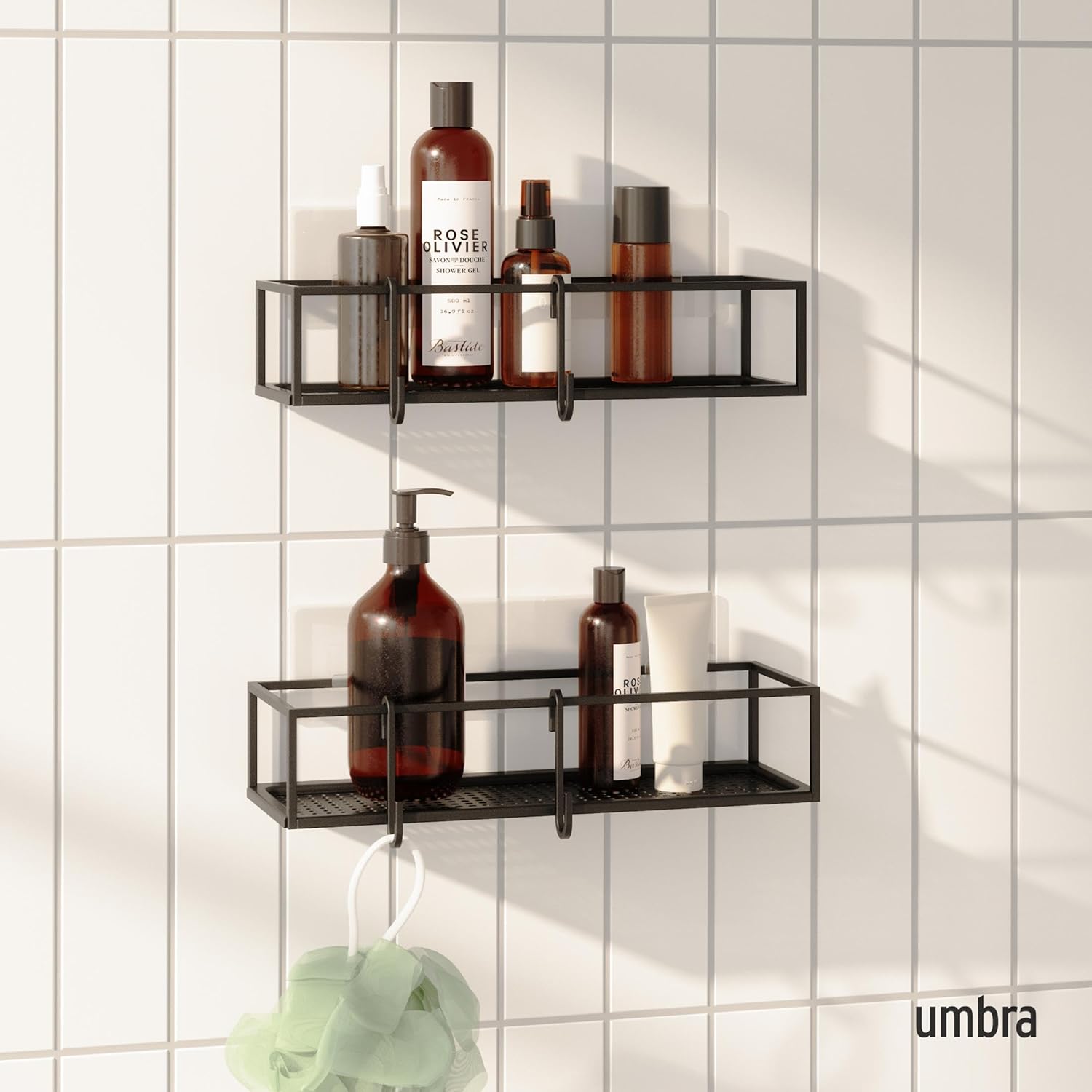 Cubiko Shower Shelf, Metal Floating Shelves with Adhesive Mounting Strips, 2-Pack, Black
