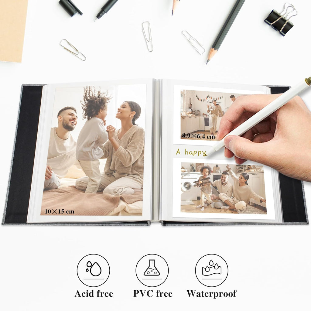 Self Adhesive Photo Album with Picture Window for 4 x 6 Photos, Linen Cover DIY Scrap Book Album 40 White Pages for Travel, Photo Book with a Ballpoint Pen, 17 x 18 cm, Sky Blue