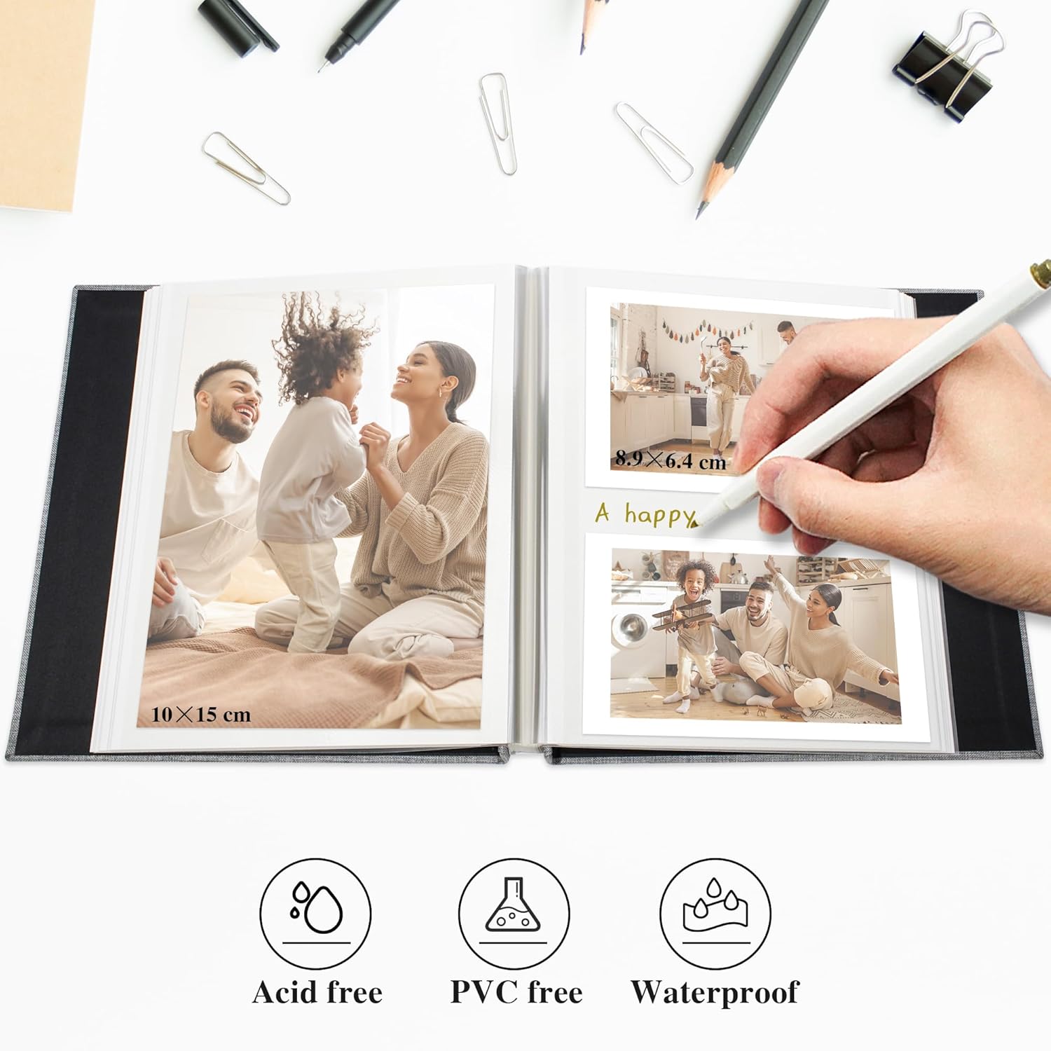 Self Adhesive Photo Album with Picture Window for 4 x 6 Photos, Linen Cover DIY Scrap Book Album 40 White Pages for Travel, Photo Book with a Ballpoint Pen, 17 x 18 cm, Sky Blue