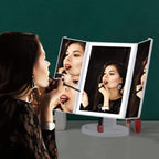 Vanity Makeup Mirror - Trifold Table Mirror with 32 LED Lights & 3X/2X/1X Magnification, Touch Screen, 360° Rotation, Two Power Supply - Gift for Women, White