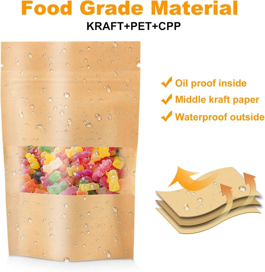 100PCS Kraft Paper Bags With Window 10X15cm Sealable Ziplock Pouches Waterproof for Nut Coffee Beans Tea Leaves Spices Food Storage