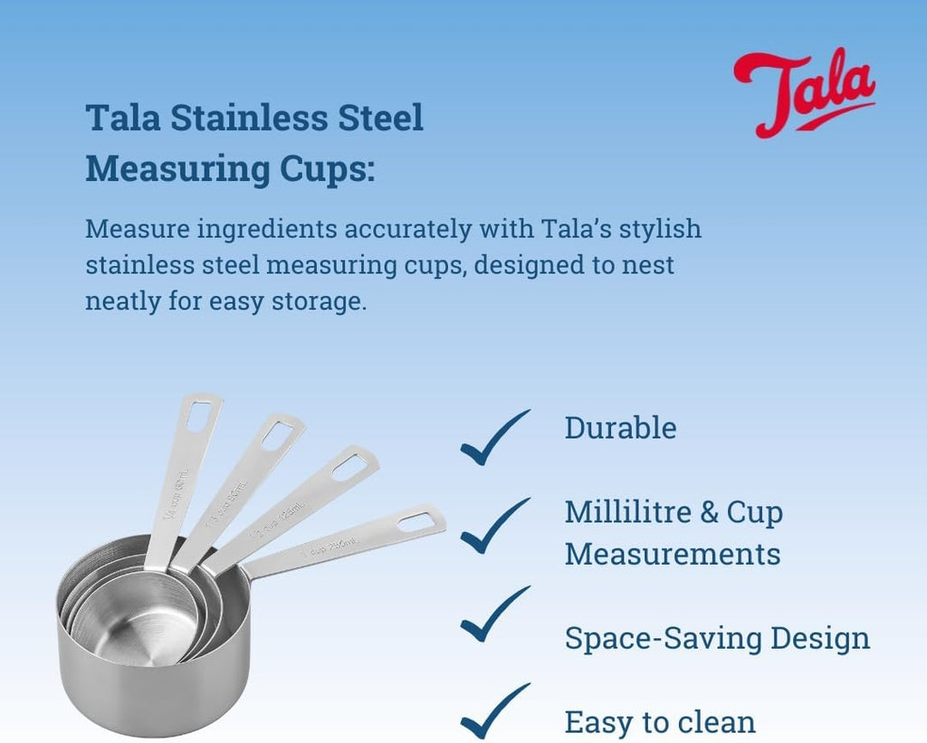 Stainless Steel Measuring Cups, Set of 4, Measurements in Millilitres and Cups, Nest Neatly for Storage, Metallic Silver