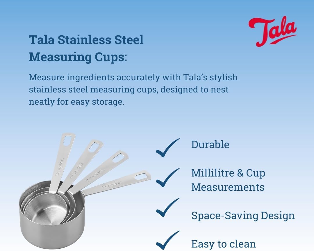 Stainless Steel Measuring Cups, Set of 4, Measurements in Millilitres and Cups, Nest Neatly for Storage, Metallic Silver