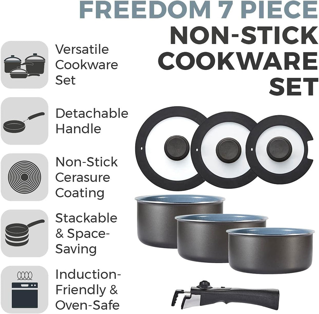 Freedom T800201 7 Piece Cookware Set with Ceramic Coating, Stackable Design and Detachable Handle, Graphite, Aluminium, Black