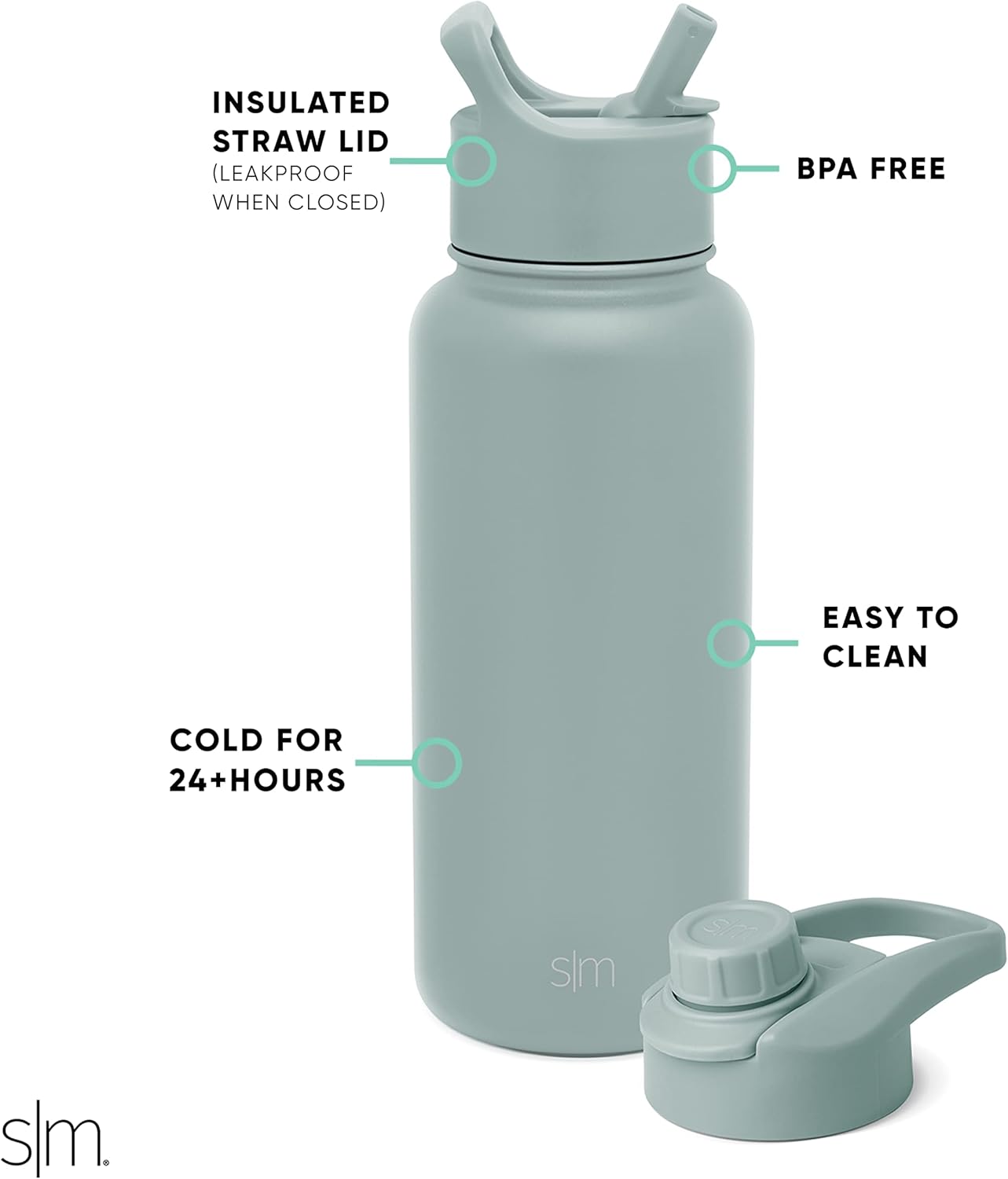 Water Bottle with Straw and Chug Lid | Insulated Stainless Steel Bottle for Sports Gym | Summit Collection | 950ml | Sea Glass Sage