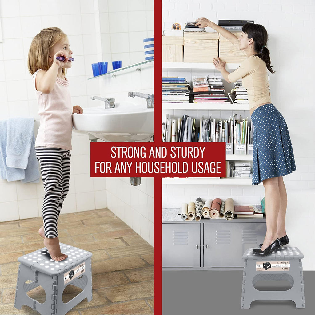 Super Strong Folding Step Stool - 11" - Sturdy Enough to Hold 300 Lb - Lightweight Foldable Step Stool for Adults and Kids - Opens with one Flip - Great for Kitchen, Bathroom and Bedroom