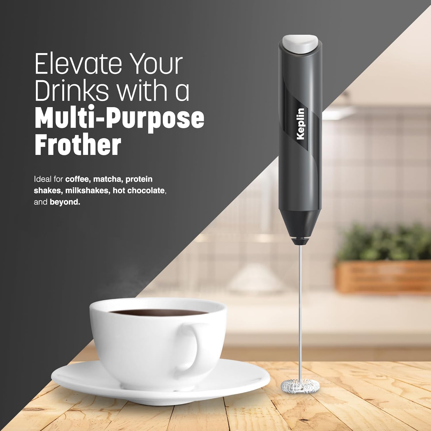 Handheld Milk Frother - Stainless Steel Electric Whisk - Portable Battery-Operated Coffee Frother for Lattes, Matcha, Protein Shakes - Ergonomic, Compact, Easy to Clean (Black)