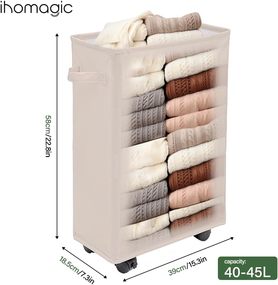 Slim Laundry Basket - Rectangle Laundry Hamper With Wheels - Foldable Storage Bin Coner Washing Hamper Dirty Clothes Storage Hamper for Clothes in Bedrooms, Living Room, Bathroom (Beige) Secondary image