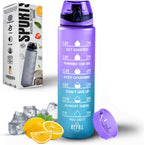 Water Bottle 1L, Sports Water Bottle with Time Markings, BPA-Free, Leak-Proof Drinks Bottle, Perfect for Running, Cycling, Gym, Yoga, Camping and Outdoor Activities, Blue-purple