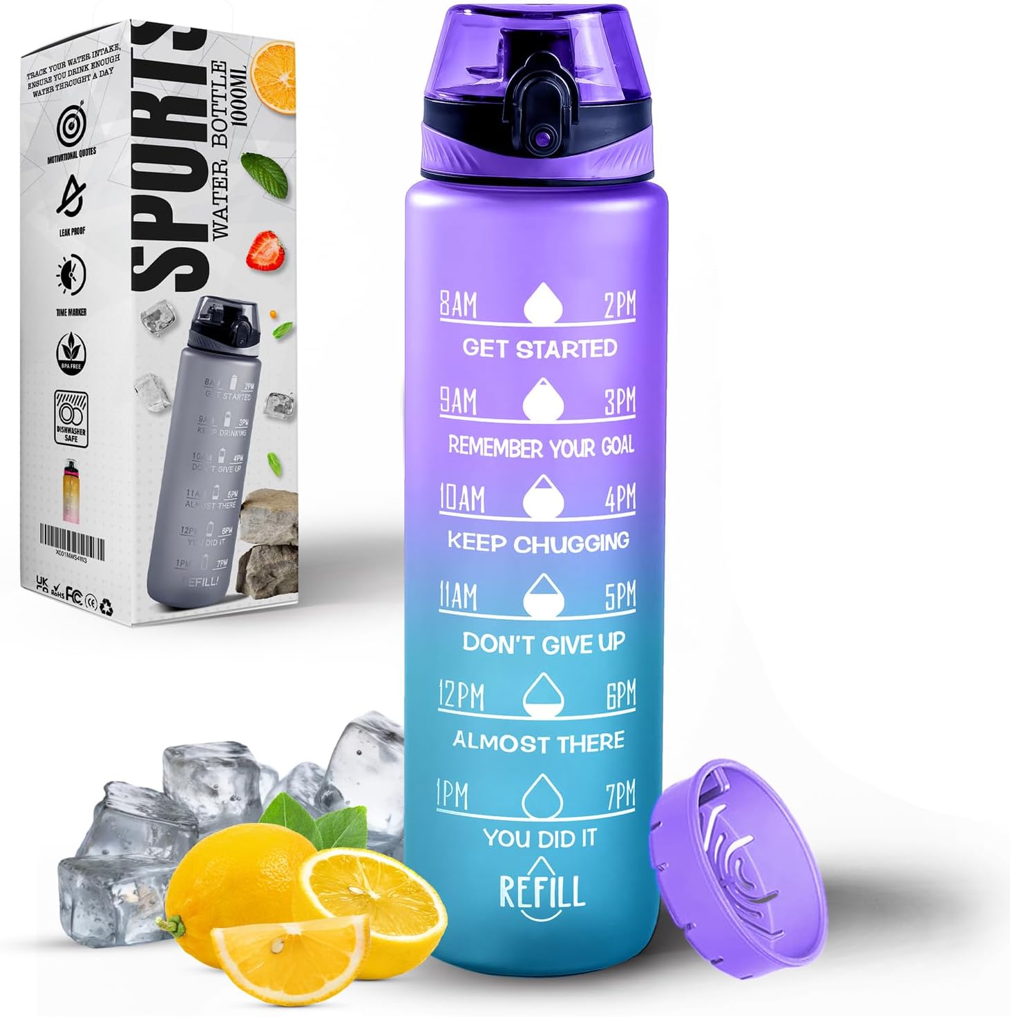 Water Bottle 1L, Sports Water Bottle with Time Markings, BPA-Free, Leak-Proof Drinks Bottle, Perfect for Running, Cycling, Gym, Yoga, Camping and Outdoor Activities, Blue-purple