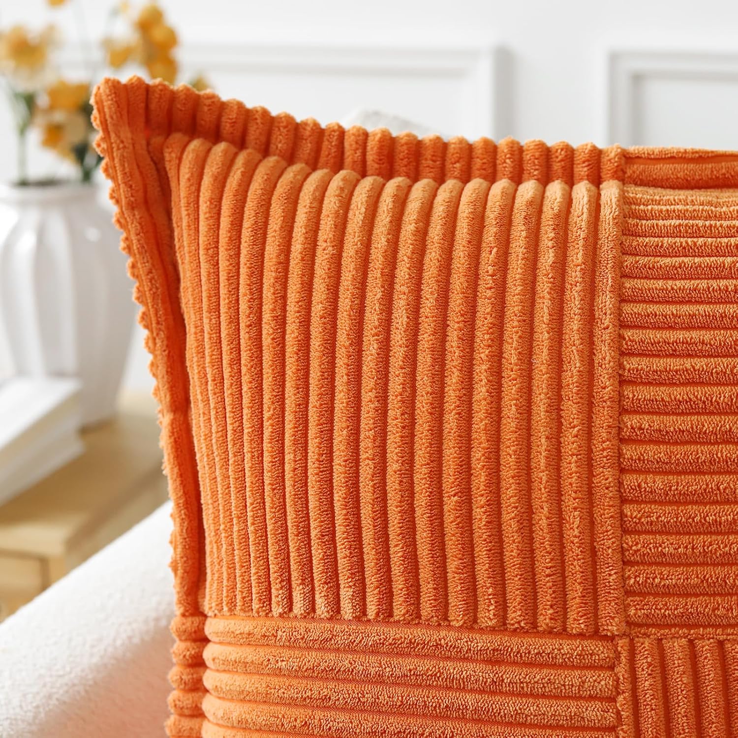 Artscope Corduroy Cushion Covers Pack of 2 Modern Patchwork Throw Pillow Covers Soft Pillowcase Broadside Decorative Textured Cushions for Home decor Sofa Bedroom Couch Orange 40x40cm