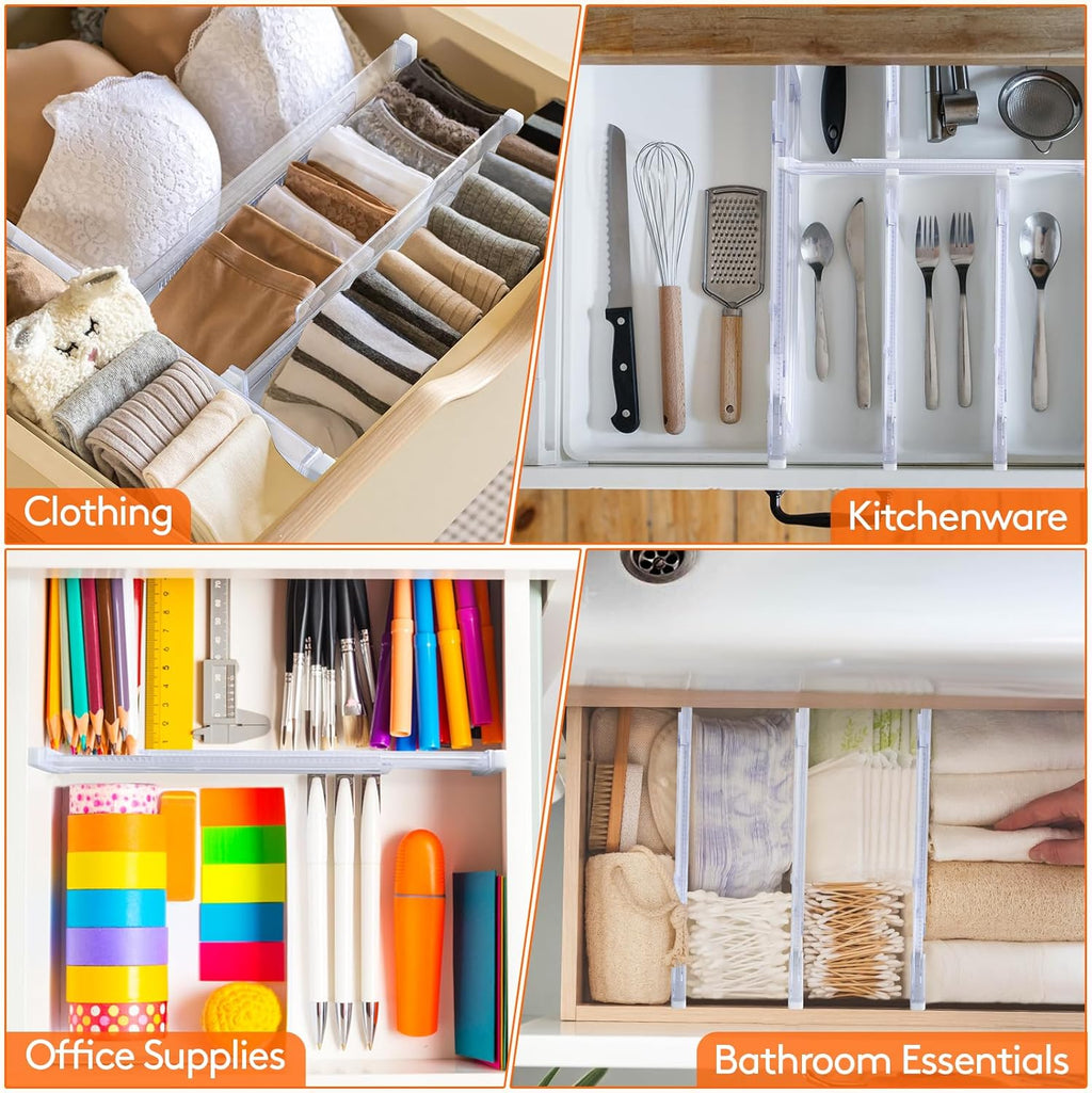 6 Pack Drawer Dividers, 3.2" High Expandable from 11.2-20" Adjustable Drawer Organisers,Clear Plastic Drawers Separators for Clothing, Kitchen Utensils and Office Storage