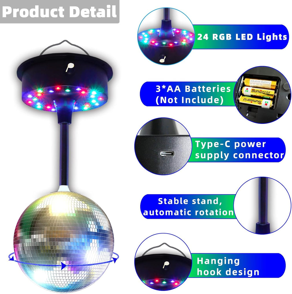 6'' Mirror Disco Ball with 24 LEDs 5-9 RPM Adjustable Rotating Motor Base Disco Lamps Ceiling Decor for Show Party Dancing Hall Club Ktv Nightclubs Bars