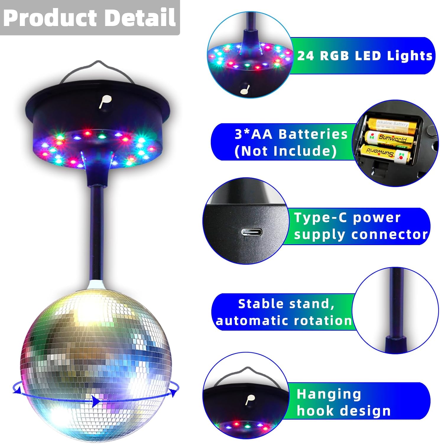 6'' Mirror Disco Ball with 24 LEDs 5-9 RPM Adjustable Rotating Motor Base Disco Lamps Ceiling Decor for Show Party Dancing Hall Club Ktv Nightclubs Bars