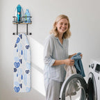 Wall Mount/Over The Door Ironing Board Hanger with Large Storage Basket & Removable Hooks, Iron and Ironing Board Holder Storage for Laundry Room (Black)