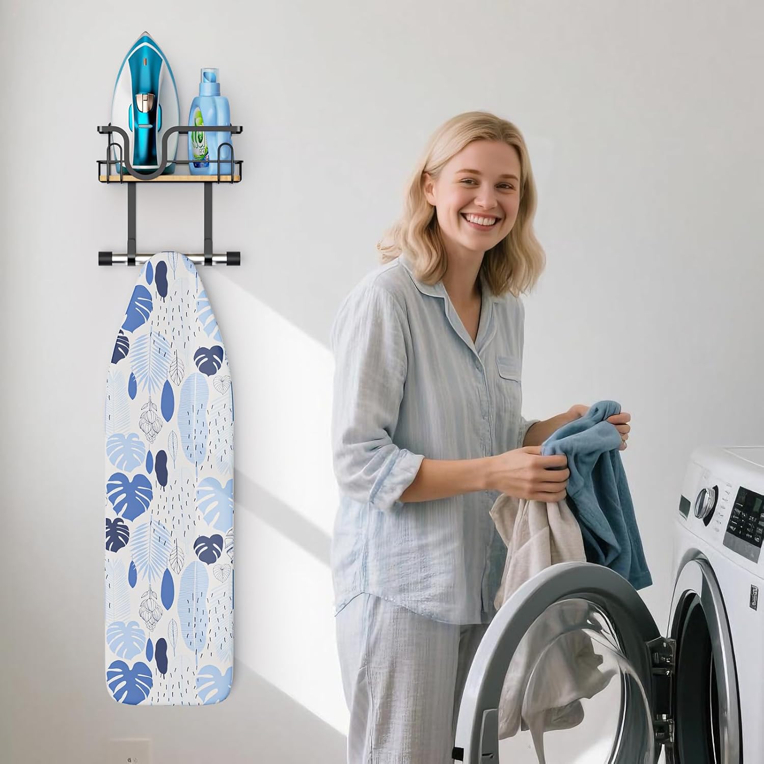 Wall Mount/Over The Door Ironing Board Hanger with Large Storage Basket & Removable Hooks, Iron and Ironing Board Holder Storage for Laundry Room (Black)