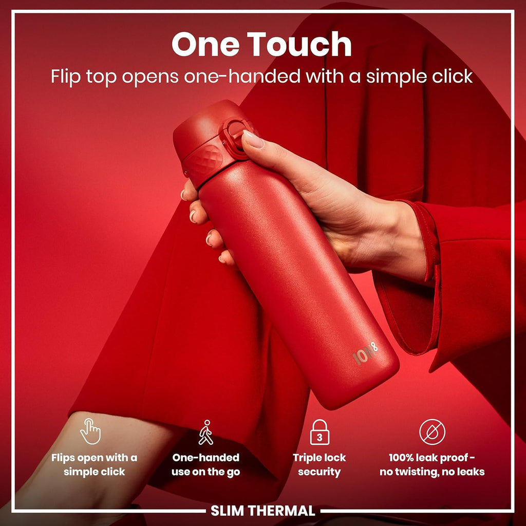ION8 Vacuum Insulated Steel Water Bottle, 500 ml/17 oz, Leak Proof, Easy to Open, Secure Lock, Dishwasher Safe, Fits Cup Holders, Carry Handle, Scratch Resistant, Metal Water Bottle