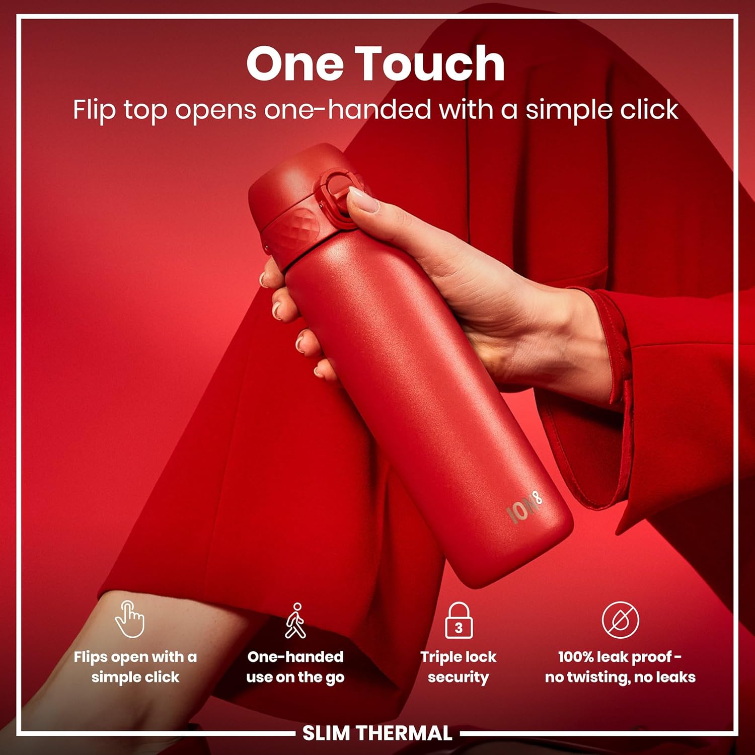 ION8 Vacuum Insulated Steel Water Bottle, 500 ml/17 oz, Leak Proof, Easy to Open, Secure Lock, Dishwasher Safe, Fits Cup Holders, Carry Handle, Scratch Resistant, Metal Water Bottle